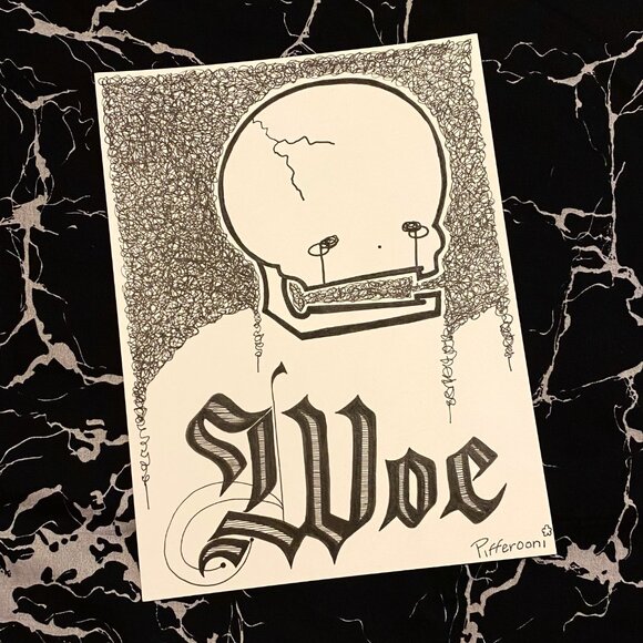 Original WOE crazy sad crying cute skull poetry poster drawing - Picture 1 of 1